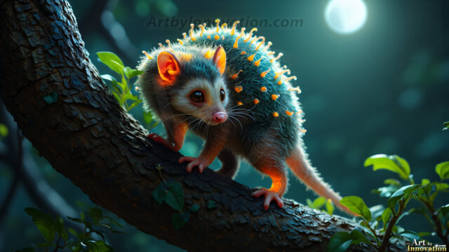 A collection of cute & adorable little-creatures from around the universe. In a photorealistic magical enchanted forest, the surface is covered in vibrant green moss, clusters of bioluminescent mushrooms. With delicate wildflowers blooming in impossible colors — violet, gold, crimson, as adorable little creatures rise from a misty forest floor. A hyper-realistic photo of hybrid creatures, like a adorable baby elephant, no bigger than a human palm. A foxlike creature, with red eyes, fluffy soft fur, and rows of sharp, serrated teeth. A chimera like weird creature, with crazy alien eyes, cyberpunk style. A hyper realistic portrait of a prehensile-tailed opossum, vibrantly colored, illuminated only by moonlight filtering through leaves in the darkness of night.