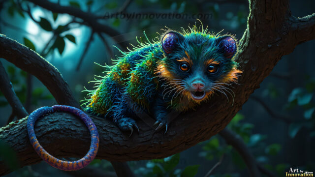 A collection of cute & adorable little-creatures from around the universe. In a photorealistic magical enchanted forest, the surface is covered in vibrant green moss, clusters of bioluminescent mushrooms. With delicate wildflowers blooming in impossible colors — violet, gold, crimson, as adorable little creatures rise from a misty forest floor. A hyper-realistic photo of hybrid creatures, like a adorable baby elephant, no bigger than a human palm. A foxlike creature, with red eyes, fluffy soft fur, and rows of sharp, serrated teeth. A chimera like weird creature, with crazy alien eyes, cyberpunk style. A hyper realistic portrait of a prehensile-tailed opossum, vibrantly colored, illuminated only by moonlight filtering through leaves in the darkness of night.