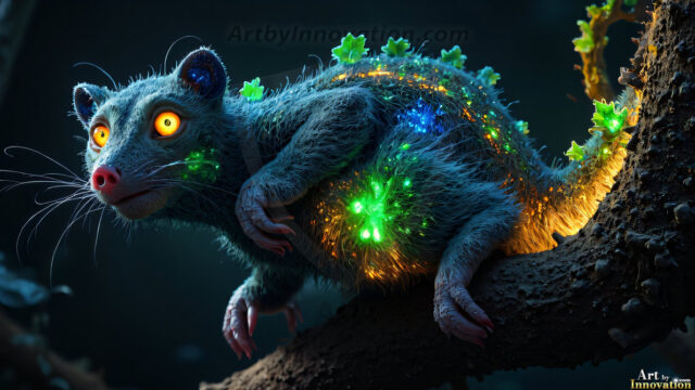 A collection of cute & adorable little-creatures from around the universe. In a photorealistic magical enchanted forest, the surface is covered in vibrant green moss, clusters of bioluminescent mushrooms. With delicate wildflowers blooming in impossible colors — violet, gold, crimson, as adorable little creatures rise from a misty forest floor. A hyper-realistic photo of hybrid creatures, like a adorable baby elephant, no bigger than a human palm. A foxlike creature, with red eyes, fluffy soft fur, and rows of sharp, serrated teeth. A chimera like weird creature, with crazy alien eyes, cyberpunk style. A hyper realistic portrait of a prehensile-tailed opossum, vibrantly colored, illuminated only by moonlight filtering through leaves in the darkness of night.