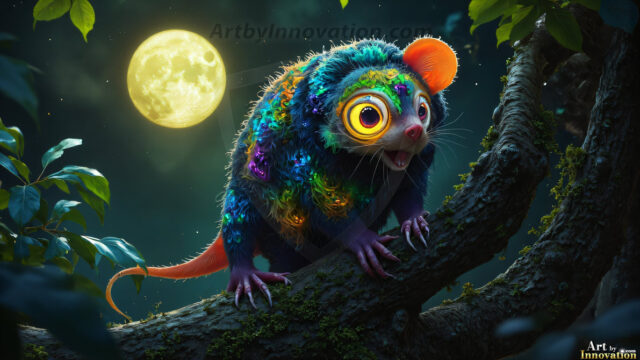 A collection of cute & adorable little-creatures from around the universe. In a photorealistic magical enchanted forest, the surface is covered in vibrant green moss, clusters of bioluminescent mushrooms. With delicate wildflowers blooming in impossible colors — violet, gold, crimson, as adorable little creatures rise from a misty forest floor. A hyper-realistic photo of hybrid creatures, like a adorable baby elephant, no bigger than a human palm. A foxlike creature, with red eyes, fluffy soft fur, and rows of sharp, serrated teeth. A chimera like weird creature, with crazy alien eyes, cyberpunk style. A hyper realistic portrait of a prehensile-tailed opossum, vibrantly colored, illuminated only by moonlight filtering through leaves in the darkness of night.