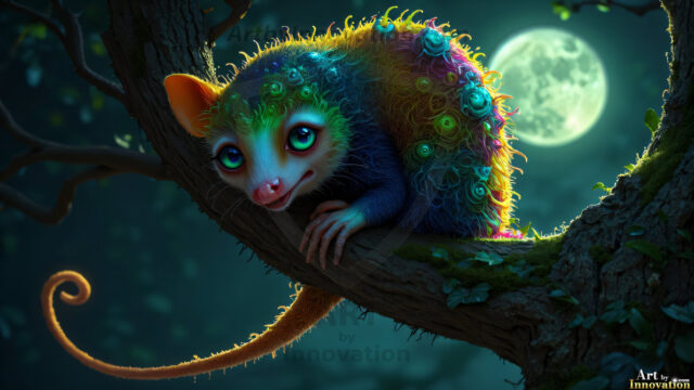 A collection of cute & adorable little-creatures from around the universe. In a photorealistic magical enchanted forest, the surface is covered in vibrant green moss, clusters of bioluminescent mushrooms. With delicate wildflowers blooming in impossible colors — violet, gold, crimson, as adorable little creatures rise from a misty forest floor. A hyper-realistic photo of hybrid creatures, like a adorable baby elephant, no bigger than a human palm. A foxlike creature, with red eyes, fluffy soft fur, and rows of sharp, serrated teeth. A chimera like weird creature, with crazy alien eyes, cyberpunk style. A hyper realistic portrait of a prehensile-tailed opossum, vibrantly colored, illuminated only by moonlight filtering through leaves in the darkness of night.