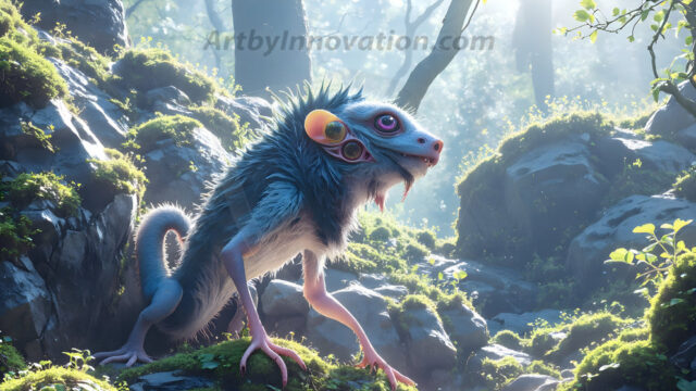 A collection of cute & adorable little-creatures from around the universe. In a photorealistic magical enchanted forest, the surface is covered in vibrant green moss, clusters of bioluminescent mushrooms. With delicate wildflowers blooming in impossible colors — violet, gold, crimson, as adorable little creatures rise from a misty forest floor. A hyper-realistic photo of hybrid creatures, like a adorable baby elephant, no bigger than a human palm. A foxlike creature, with red eyes, fluffy soft fur, and rows of sharp, serrated teeth. A chimera like weird creature, with crazy alien eyes, cyberpunk style. A hyper realistic portrait of a prehensile-tailed opossum, vibrantly colored, illuminated only by moonlight filtering through leaves in the darkness of night.