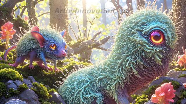A collection of cute & adorable little-creatures from around the universe. In a photorealistic magical enchanted forest, the surface is covered in vibrant green moss, clusters of bioluminescent mushrooms. With delicate wildflowers blooming in impossible colors — violet, gold, crimson, as adorable little creatures rise from a misty forest floor. A hyper-realistic photo of hybrid creatures, like a adorable baby elephant, no bigger than a human palm. A foxlike creature, with red eyes, fluffy soft fur, and rows of sharp, serrated teeth. A chimera like weird creature, with crazy alien eyes, cyberpunk style. A hyper realistic portrait of a prehensile-tailed opossum, vibrantly colored, illuminated only by moonlight filtering through leaves in the darkness of night.