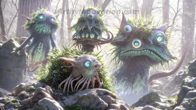 A collection of cute & adorable little-creatures from around the universe. In a photorealistic magical enchanted forest, the surface is covered in vibrant green moss, clusters of bioluminescent mushrooms. With delicate wildflowers blooming in impossible colors — violet, gold, crimson, as adorable little creatures rise from a misty forest floor. A hyper-realistic photo of hybrid creatures, like a adorable baby elephant, no bigger than a human palm. A foxlike creature, with red eyes, fluffy soft fur, and rows of sharp, serrated teeth. A chimera like weird creature, with crazy alien eyes, cyberpunk style. A hyper realistic portrait of a prehensile-tailed opossum, vibrantly colored, illuminated only by moonlight filtering through leaves in the darkness of night.
