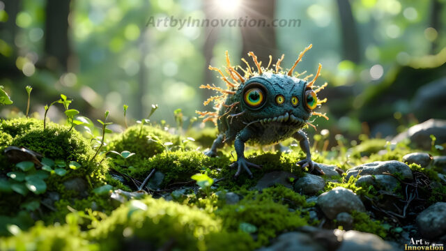 A collection of cute & adorable little-creatures from around the universe. In a photorealistic magical enchanted forest, the surface is covered in vibrant green moss, clusters of bioluminescent mushrooms. With delicate wildflowers blooming in impossible colors — violet, gold, crimson, as adorable little creatures rise from a misty forest floor. A hyper-realistic photo of hybrid creatures, like a adorable baby elephant, no bigger than a human palm. A foxlike creature, with red eyes, fluffy soft fur, and rows of sharp, serrated teeth. A chimera like weird creature, with crazy alien eyes, cyberpunk style. A hyper realistic portrait of a prehensile-tailed opossum, vibrantly colored, illuminated only by moonlight filtering through leaves in the darkness of night.