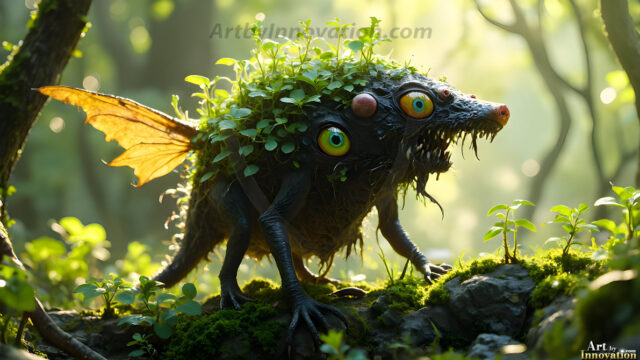 A collection of cute & adorable little-creatures from around the universe. In a photorealistic magical enchanted forest, the surface is covered in vibrant green moss, clusters of bioluminescent mushrooms. With delicate wildflowers blooming in impossible colors — violet, gold, crimson, as adorable little creatures rise from a misty forest floor. A hyper-realistic photo of hybrid creatures, like a adorable baby elephant, no bigger than a human palm. A foxlike creature, with red eyes, fluffy soft fur, and rows of sharp, serrated teeth. A chimera like weird creature, with crazy alien eyes, cyberpunk style. A hyper realistic portrait of a prehensile-tailed opossum, vibrantly colored, illuminated only by moonlight filtering through leaves in the darkness of night.