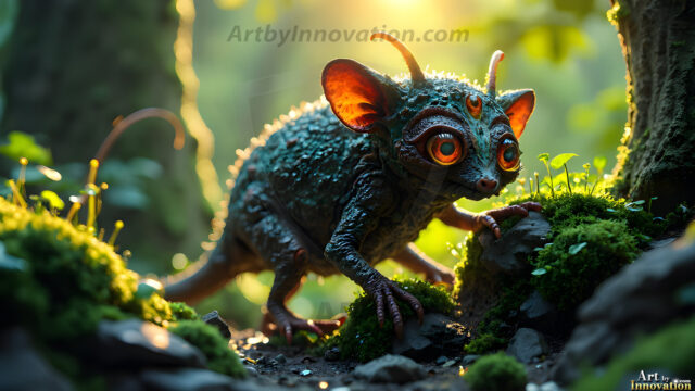 A collection of cute & adorable little-creatures from around the universe. In a photorealistic magical enchanted forest, the surface is covered in vibrant green moss, clusters of bioluminescent mushrooms. With delicate wildflowers blooming in impossible colors — violet, gold, crimson, as adorable little creatures rise from a misty forest floor. A hyper-realistic photo of hybrid creatures, like a adorable baby elephant, no bigger than a human palm. A foxlike creature, with red eyes, fluffy soft fur, and rows of sharp, serrated teeth. A chimera like weird creature, with crazy alien eyes, cyberpunk style. A hyper realistic portrait of a prehensile-tailed opossum, vibrantly colored, illuminated only by moonlight filtering through leaves in the darkness of night.