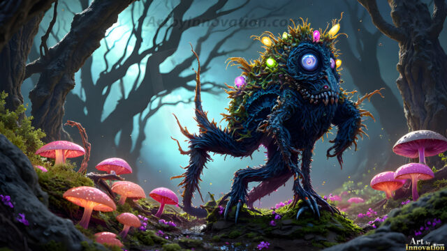 A collection of cute & adorable little-creatures from around the universe. In a photorealistic magical enchanted forest, the surface is covered in vibrant green moss, clusters of bioluminescent mushrooms. With delicate wildflowers blooming in impossible colors — violet, gold, crimson, as adorable little creatures rise from a misty forest floor. A hyper-realistic photo of hybrid creatures, like a adorable baby elephant, no bigger than a human palm. A foxlike creature, with red eyes, fluffy soft fur, and rows of sharp, serrated teeth. A chimera like weird creature, with crazy alien eyes, cyberpunk style. A hyper realistic portrait of a prehensile-tailed opossum, vibrantly colored, illuminated only by moonlight filtering through leaves in the darkness of night.