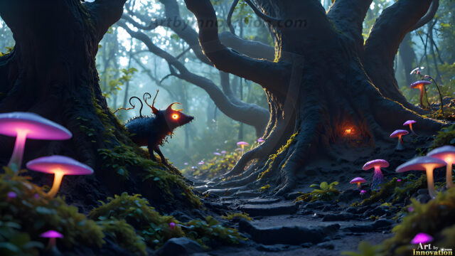 A collection of cute & adorable little-creatures from around the universe. In a photorealistic magical enchanted forest, the surface is covered in vibrant green moss, clusters of bioluminescent mushrooms. With delicate wildflowers blooming in impossible colors — violet, gold, crimson, as adorable little creatures rise from a misty forest floor. A hyper-realistic photo of hybrid creatures, like a adorable baby elephant, no bigger than a human palm. A foxlike creature, with red eyes, fluffy soft fur, and rows of sharp, serrated teeth. A chimera like weird creature, with crazy alien eyes, cyberpunk style. A hyper realistic portrait of a prehensile-tailed opossum, vibrantly colored, illuminated only by moonlight filtering through leaves in the darkness of night.