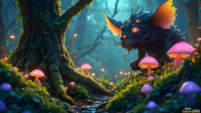A collection of cute & adorable little-creatures from around the universe. In a photorealistic magical enchanted forest, the surface is covered in vibrant green moss, clusters of bioluminescent mushrooms. With delicate wildflowers blooming in impossible colors — violet, gold, crimson, as adorable little creatures rise from a misty forest floor. A hyper-realistic photo of hybrid creatures, like a adorable baby elephant, no bigger than a human palm. A foxlike creature, with red eyes, fluffy soft fur, and rows of sharp, serrated teeth. A chimera like weird creature, with crazy alien eyes, cyberpunk style. A hyper realistic portrait of a prehensile-tailed opossum, vibrantly colored, illuminated only by moonlight filtering through leaves in the darkness of night.