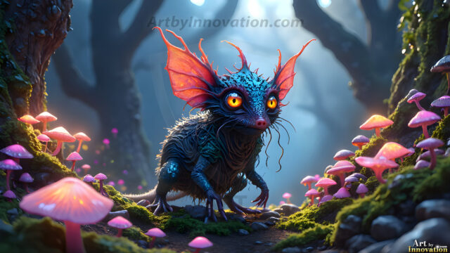 A collection of cute & adorable little-creatures from around the universe. In a photorealistic magical enchanted forest, the surface is covered in vibrant green moss, clusters of bioluminescent mushrooms. With delicate wildflowers blooming in impossible colors — violet, gold, crimson, as adorable little creatures rise from a misty forest floor. A hyper-realistic photo of hybrid creatures, like a adorable baby elephant, no bigger than a human palm. A foxlike creature, with red eyes, fluffy soft fur, and rows of sharp, serrated teeth. A chimera like weird creature, with crazy alien eyes, cyberpunk style. A hyper realistic portrait of a prehensile-tailed opossum, vibrantly colored, illuminated only by moonlight filtering through leaves in the darkness of night.