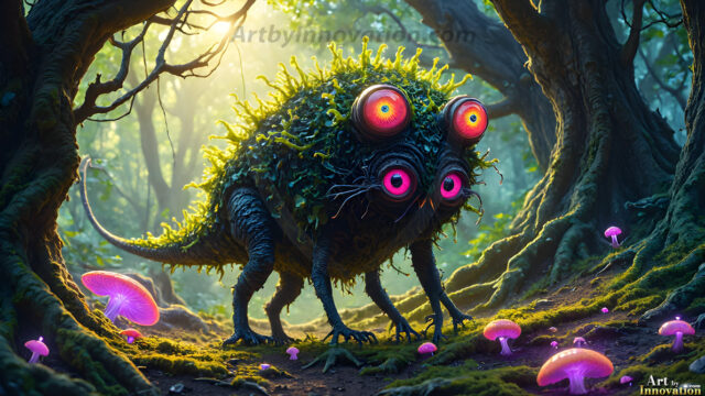 A collection of cute & adorable little-creatures from around the universe. In a photorealistic magical enchanted forest, the surface is covered in vibrant green moss, clusters of bioluminescent mushrooms. With delicate wildflowers blooming in impossible colors — violet, gold, crimson, as adorable little creatures rise from a misty forest floor. A hyper-realistic photo of hybrid creatures, like a adorable baby elephant, no bigger than a human palm. A foxlike creature, with red eyes, fluffy soft fur, and rows of sharp, serrated teeth. A chimera like weird creature, with crazy alien eyes, cyberpunk style. A hyper realistic portrait of a prehensile-tailed opossum, vibrantly colored, illuminated only by moonlight filtering through leaves in the darkness of night.