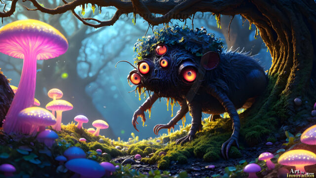 A collection of cute & adorable little-creatures from around the universe. In a photorealistic magical enchanted forest, the surface is covered in vibrant green moss, clusters of bioluminescent mushrooms. With delicate wildflowers blooming in impossible colors — violet, gold, crimson, as adorable little creatures rise from a misty forest floor. A hyper-realistic photo of hybrid creatures, like a adorable baby elephant, no bigger than a human palm. A foxlike creature, with red eyes, fluffy soft fur, and rows of sharp, serrated teeth. A chimera like weird creature, with crazy alien eyes, cyberpunk style. A hyper realistic portrait of a prehensile-tailed opossum, vibrantly colored, illuminated only by moonlight filtering through leaves in the darkness of night.