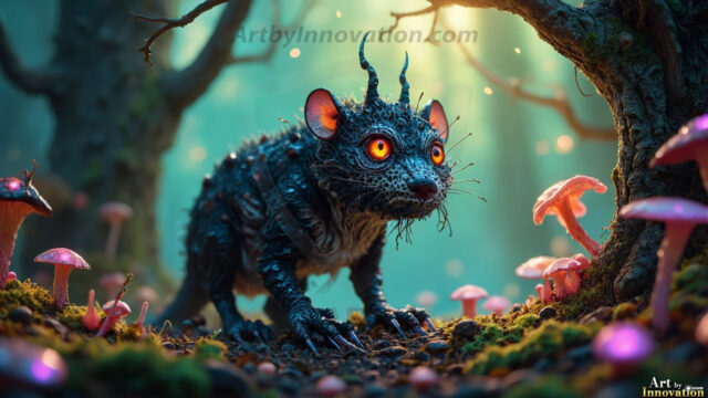 A collection of cute & adorable little-creatures from around the universe. In a photorealistic magical enchanted forest, the surface is covered in vibrant green moss, clusters of bioluminescent mushrooms. With delicate wildflowers blooming in impossible colors — violet, gold, crimson, as adorable little creatures rise from a misty forest floor. A hyper-realistic photo of hybrid creatures, like a adorable baby elephant, no bigger than a human palm. A foxlike creature, with red eyes, fluffy soft fur, and rows of sharp, serrated teeth. A chimera like weird creature, with crazy alien eyes, cyberpunk style. A hyper realistic portrait of a prehensile-tailed opossum, vibrantly colored, illuminated only by moonlight filtering through leaves in the darkness of night.