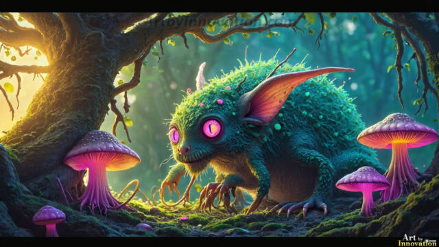 A collection of cute & adorable little-creatures from around the universe. In a photorealistic magical enchanted forest, the surface is covered in vibrant green moss, clusters of bioluminescent mushrooms. With delicate wildflowers blooming in impossible colors — violet, gold, crimson, as adorable little creatures rise from a misty forest floor. A hyper-realistic photo of hybrid creatures, like a adorable baby elephant, no bigger than a human palm. A foxlike creature, with red eyes, fluffy soft fur, and rows of sharp, serrated teeth. A chimera like weird creature, with crazy alien eyes, cyberpunk style. A hyper realistic portrait of a prehensile-tailed opossum, vibrantly colored, illuminated only by moonlight filtering through leaves in the darkness of night.