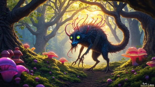 A collection of cute & adorable little-creatures from around the universe. In a photorealistic magical enchanted forest, the surface is covered in vibrant green moss, clusters of bioluminescent mushrooms. With delicate wildflowers blooming in impossible colors — violet, gold, crimson, as adorable little creatures rise from a misty forest floor. A hyper-realistic photo of hybrid creatures, like a adorable baby elephant, no bigger than a human palm. A foxlike creature, with red eyes, fluffy soft fur, and rows of sharp, serrated teeth. A chimera like weird creature, with crazy alien eyes, cyberpunk style. A hyper realistic portrait of a prehensile-tailed opossum, vibrantly colored, illuminated only by moonlight filtering through leaves in the darkness of night.