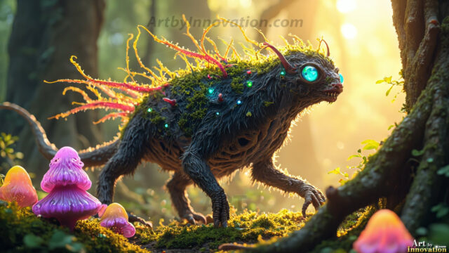 A collection of cute & adorable little-creatures from around the universe. In a photorealistic magical enchanted forest, the surface is covered in vibrant green moss, clusters of bioluminescent mushrooms. With delicate wildflowers blooming in impossible colors — violet, gold, crimson, as adorable little creatures rise from a misty forest floor. A hyper-realistic photo of hybrid creatures, like a adorable baby elephant, no bigger than a human palm. A foxlike creature, with red eyes, fluffy soft fur, and rows of sharp, serrated teeth. A chimera like weird creature, with crazy alien eyes, cyberpunk style. A hyper realistic portrait of a prehensile-tailed opossum, vibrantly colored, illuminated only by moonlight filtering through leaves in the darkness of night.