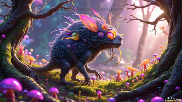 A collection of cute & adorable little-creatures from around the universe. In a photorealistic magical enchanted forest, the surface is covered in vibrant green moss, clusters of bioluminescent mushrooms. With delicate wildflowers blooming in impossible colors — violet, gold, crimson, as adorable little creatures rise from a misty forest floor. A hyper-realistic photo of hybrid creatures, like a adorable baby elephant, no bigger than a human palm. A foxlike creature, with red eyes, fluffy soft fur, and rows of sharp, serrated teeth. A chimera like weird creature, with crazy alien eyes, cyberpunk style. A hyper realistic portrait of a prehensile-tailed opossum, vibrantly colored, illuminated only by moonlight filtering through leaves in the darkness of night.