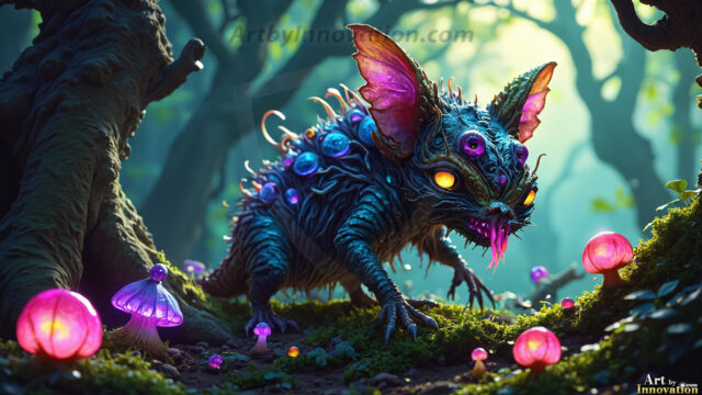 A collection of cute & adorable little-creatures from around the universe. In a photorealistic magical enchanted forest, the surface is covered in vibrant green moss, clusters of bioluminescent mushrooms. With delicate wildflowers blooming in impossible colors — violet, gold, crimson, as adorable little creatures rise from a misty forest floor. A hyper-realistic photo of hybrid creatures, like a adorable baby elephant, no bigger than a human palm. A foxlike creature, with red eyes, fluffy soft fur, and rows of sharp, serrated teeth. A chimera like weird creature, with crazy alien eyes, cyberpunk style. A hyper realistic portrait of a prehensile-tailed opossum, vibrantly colored, illuminated only by moonlight filtering through leaves in the darkness of night.