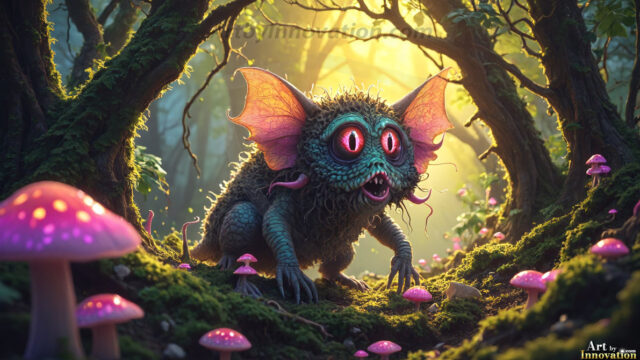 A collection of cute & adorable little-creatures from around the universe. In a photorealistic magical enchanted forest, the surface is covered in vibrant green moss, clusters of bioluminescent mushrooms. With delicate wildflowers blooming in impossible colors — violet, gold, crimson, as adorable little creatures rise from a misty forest floor. A hyper-realistic photo of hybrid creatures, like a adorable baby elephant, no bigger than a human palm. A foxlike creature, with red eyes, fluffy soft fur, and rows of sharp, serrated teeth. A chimera like weird creature, with crazy alien eyes, cyberpunk style. A hyper realistic portrait of a prehensile-tailed opossum, vibrantly colored, illuminated only by moonlight filtering through leaves in the darkness of night.