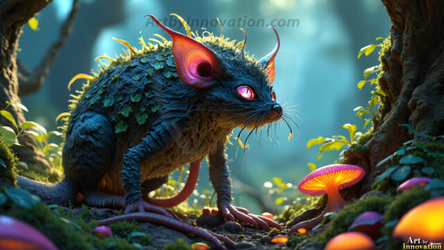 A collection of cute & adorable little-creatures from around the universe. In a photorealistic magical enchanted forest, the surface is covered in vibrant green moss, clusters of bioluminescent mushrooms. With delicate wildflowers blooming in impossible colors — violet, gold, crimson, as adorable little creatures rise from a misty forest floor. A hyper-realistic photo of hybrid creatures, like a adorable baby elephant, no bigger than a human palm. A foxlike creature, with red eyes, fluffy soft fur, and rows of sharp, serrated teeth. A chimera like weird creature, with crazy alien eyes, cyberpunk style. A hyper realistic portrait of a prehensile-tailed opossum, vibrantly colored, illuminated only by moonlight filtering through leaves in the darkness of night.