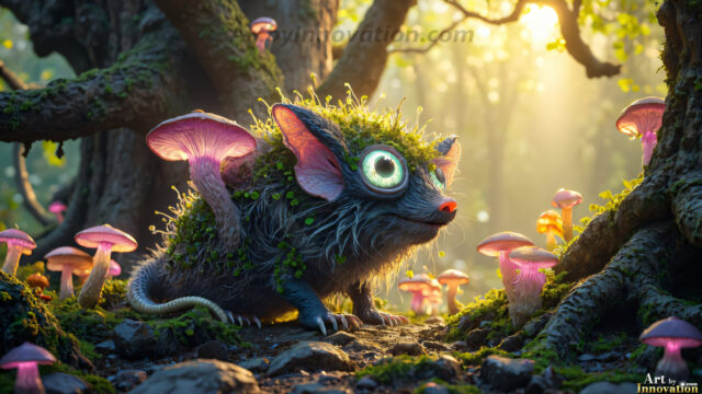A collection of cute & adorable little-creatures from around the universe. In a photorealistic magical enchanted forest, the surface is covered in vibrant green moss, clusters of bioluminescent mushrooms. With delicate wildflowers blooming in impossible colors — violet, gold, crimson, as adorable little creatures rise from a misty forest floor. A hyper-realistic photo of hybrid creatures, like a adorable baby elephant, no bigger than a human palm. A foxlike creature, with red eyes, fluffy soft fur, and rows of sharp, serrated teeth. A chimera like weird creature, with crazy alien eyes, cyberpunk style. A hyper realistic portrait of a prehensile-tailed opossum, vibrantly colored, illuminated only by moonlight filtering through leaves in the darkness of night.