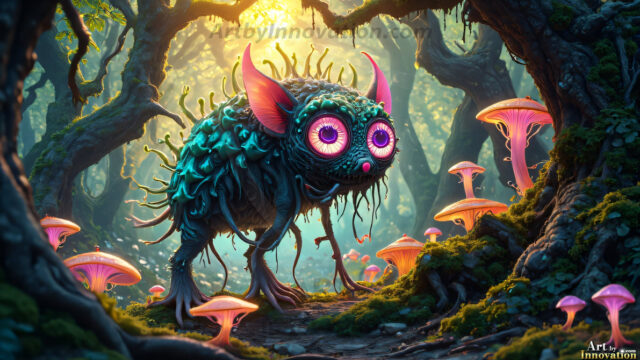 A collection of cute & adorable little-creatures from around the universe. In a photorealistic magical enchanted forest, the surface is covered in vibrant green moss, clusters of bioluminescent mushrooms. With delicate wildflowers blooming in impossible colors — violet, gold, crimson, as adorable little creatures rise from a misty forest floor. A hyper-realistic photo of hybrid creatures, like a adorable baby elephant, no bigger than a human palm. A foxlike creature, with red eyes, fluffy soft fur, and rows of sharp, serrated teeth. A chimera like weird creature, with crazy alien eyes, cyberpunk style. A hyper realistic portrait of a prehensile-tailed opossum, vibrantly colored, illuminated only by moonlight filtering through leaves in the darkness of night.