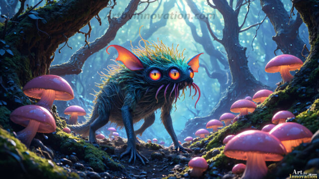 A collection of cute & adorable little-creatures from around the universe. In a photorealistic magical enchanted forest, the surface is covered in vibrant green moss, clusters of bioluminescent mushrooms. With delicate wildflowers blooming in impossible colors — violet, gold, crimson, as adorable little creatures rise from a misty forest floor. A hyper-realistic photo of hybrid creatures, like a adorable baby elephant, no bigger than a human palm. A foxlike creature, with red eyes, fluffy soft fur, and rows of sharp, serrated teeth. A chimera like weird creature, with crazy alien eyes, cyberpunk style. A hyper realistic portrait of a prehensile-tailed opossum, vibrantly colored, illuminated only by moonlight filtering through leaves in the darkness of night.