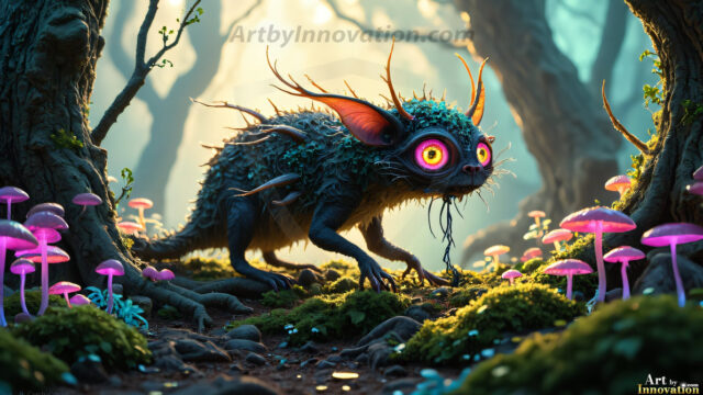 A collection of cute & adorable little-creatures from around the universe. In a photorealistic magical enchanted forest, the surface is covered in vibrant green moss, clusters of bioluminescent mushrooms. With delicate wildflowers blooming in impossible colors — violet, gold, crimson, as adorable little creatures rise from a misty forest floor. A hyper-realistic photo of hybrid creatures, like a adorable baby elephant, no bigger than a human palm. A foxlike creature, with red eyes, fluffy soft fur, and rows of sharp, serrated teeth. A chimera like weird creature, with crazy alien eyes, cyberpunk style. A hyper realistic portrait of a prehensile-tailed opossum, vibrantly colored, illuminated only by moonlight filtering through leaves in the darkness of night.