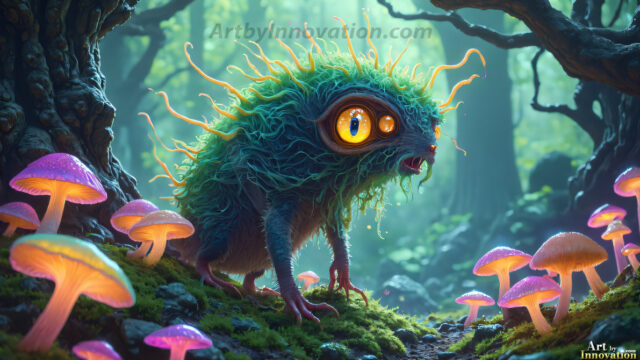 A collection of cute & adorable little-creatures from around the universe. In a photorealistic magical enchanted forest, the surface is covered in vibrant green moss, clusters of bioluminescent mushrooms. With delicate wildflowers blooming in impossible colors — violet, gold, crimson, as adorable little creatures rise from a misty forest floor. A hyper-realistic photo of hybrid creatures, like a adorable baby elephant, no bigger than a human palm. A foxlike creature, with red eyes, fluffy soft fur, and rows of sharp, serrated teeth. A chimera like weird creature, with crazy alien eyes, cyberpunk style. A hyper realistic portrait of a prehensile-tailed opossum, vibrantly colored, illuminated only by moonlight filtering through leaves in the darkness of night.