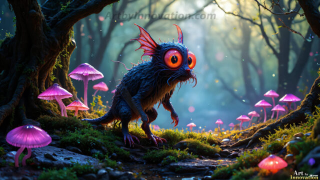 A collection of cute & adorable little-creatures from around the universe. In a photorealistic magical enchanted forest, the surface is covered in vibrant green moss, clusters of bioluminescent mushrooms. With delicate wildflowers blooming in impossible colors — violet, gold, crimson, as adorable little creatures rise from a misty forest floor. A hyper-realistic photo of hybrid creatures, like a adorable baby elephant, no bigger than a human palm. A foxlike creature, with red eyes, fluffy soft fur, and rows of sharp, serrated teeth. A chimera like weird creature, with crazy alien eyes, cyberpunk style. A hyper realistic portrait of a prehensile-tailed opossum, vibrantly colored, illuminated only by moonlight filtering through leaves in the darkness of night.