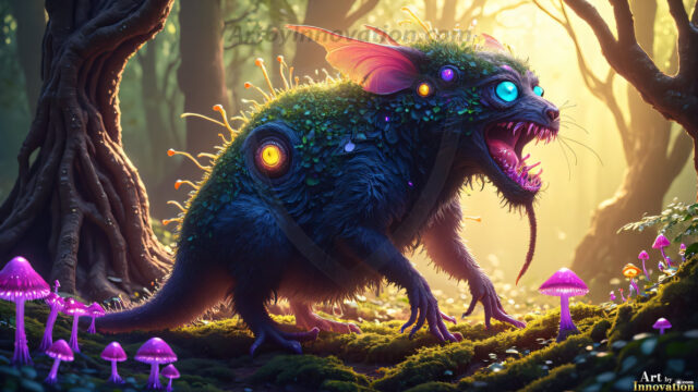A collection of cute & adorable little-creatures from around the universe. In a photorealistic magical enchanted forest, the surface is covered in vibrant green moss, clusters of bioluminescent mushrooms. With delicate wildflowers blooming in impossible colors — violet, gold, crimson, as adorable little creatures rise from a misty forest floor. A hyper-realistic photo of hybrid creatures, like a adorable baby elephant, no bigger than a human palm. A foxlike creature, with red eyes, fluffy soft fur, and rows of sharp, serrated teeth. A chimera like weird creature, with crazy alien eyes, cyberpunk style. A hyper realistic portrait of a prehensile-tailed opossum, vibrantly colored, illuminated only by moonlight filtering through leaves in the darkness of night.
