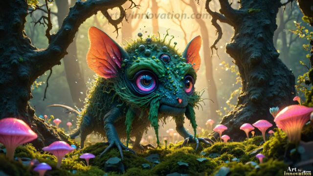 A collection of cute & adorable little-creatures from around the universe. In a photorealistic magical enchanted forest, the surface is covered in vibrant green moss, clusters of bioluminescent mushrooms. With delicate wildflowers blooming in impossible colors — violet, gold, crimson, as adorable little creatures rise from a misty forest floor. A hyper-realistic photo of hybrid creatures, like a adorable baby elephant, no bigger than a human palm. A foxlike creature, with red eyes, fluffy soft fur, and rows of sharp, serrated teeth. A chimera like weird creature, with crazy alien eyes, cyberpunk style. A hyper realistic portrait of a prehensile-tailed opossum, vibrantly colored, illuminated only by moonlight filtering through leaves in the darkness of night.