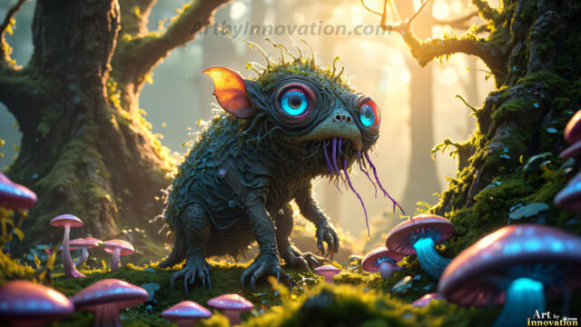 A collection of cute & adorable little-creatures from around the universe. In a photorealistic magical enchanted forest, the surface is covered in vibrant green moss, clusters of bioluminescent mushrooms. With delicate wildflowers blooming in impossible colors — violet, gold, crimson, as adorable little creatures rise from a misty forest floor. A hyper-realistic photo of hybrid creatures, like a adorable baby elephant, no bigger than a human palm. A foxlike creature, with red eyes, fluffy soft fur, and rows of sharp, serrated teeth. A chimera like weird creature, with crazy alien eyes, cyberpunk style. A hyper realistic portrait of a prehensile-tailed opossum, vibrantly colored, illuminated only by moonlight filtering through leaves in the darkness of night.