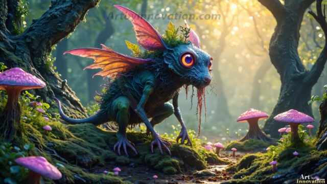 A collection of cute & adorable little-creatures from around the universe. In a photorealistic magical enchanted forest, the surface is covered in vibrant green moss, clusters of bioluminescent mushrooms. With delicate wildflowers blooming in impossible colors — violet, gold, crimson, as adorable little creatures rise from a misty forest floor. A hyper-realistic photo of hybrid creatures, like a adorable baby elephant, no bigger than a human palm. A foxlike creature, with red eyes, fluffy soft fur, and rows of sharp, serrated teeth. A chimera like weird creature, with crazy alien eyes, cyberpunk style. A hyper realistic portrait of a prehensile-tailed opossum, vibrantly colored, illuminated only by moonlight filtering through leaves in the darkness of night.