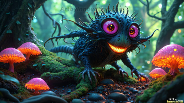 A collection of cute & adorable little-creatures from around the universe. In a photorealistic magical enchanted forest, the surface is covered in vibrant green moss, clusters of bioluminescent mushrooms. With delicate wildflowers blooming in impossible colors — violet, gold, crimson, as adorable little creatures rise from a misty forest floor. A hyper-realistic photo of hybrid creatures, like a adorable baby elephant, no bigger than a human palm. A foxlike creature, with red eyes, fluffy soft fur, and rows of sharp, serrated teeth. A chimera like weird creature, with crazy alien eyes, cyberpunk style. A hyper realistic portrait of a prehensile-tailed opossum, vibrantly colored, illuminated only by moonlight filtering through leaves in the darkness of night.