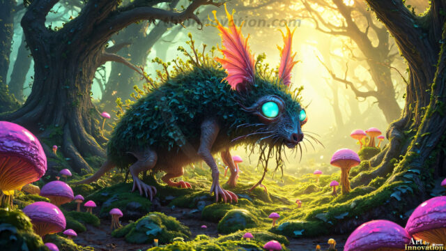 A collection of cute & adorable little-creatures from around the universe. In a photorealistic magical enchanted forest, the surface is covered in vibrant green moss, clusters of bioluminescent mushrooms. With delicate wildflowers blooming in impossible colors — violet, gold, crimson, as adorable little creatures rise from a misty forest floor. A hyper-realistic photo of hybrid creatures, like a adorable baby elephant, no bigger than a human palm. A foxlike creature, with red eyes, fluffy soft fur, and rows of sharp, serrated teeth. A chimera like weird creature, with crazy alien eyes, cyberpunk style. A hyper realistic portrait of a prehensile-tailed opossum, vibrantly colored, illuminated only by moonlight filtering through leaves in the darkness of night.