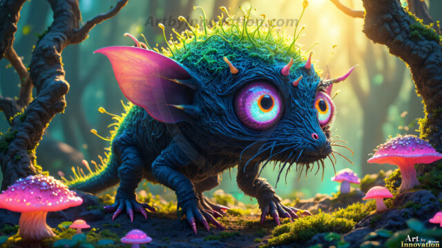 A collection of cute & adorable little-creatures from around the universe. In a photorealistic magical enchanted forest, the surface is covered in vibrant green moss, clusters of bioluminescent mushrooms. With delicate wildflowers blooming in impossible colors — violet, gold, crimson, as adorable little creatures rise from a misty forest floor. A hyper-realistic photo of hybrid creatures, like a adorable baby elephant, no bigger than a human palm. A foxlike creature, with red eyes, fluffy soft fur, and rows of sharp, serrated teeth. A chimera like weird creature, with crazy alien eyes, cyberpunk style. A hyper realistic portrait of a prehensile-tailed opossum, vibrantly colored, illuminated only by moonlight filtering through leaves in the darkness of night.