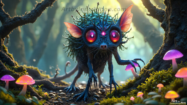 A collection of cute & adorable little-creatures from around the universe. In a photorealistic magical enchanted forest, the surface is covered in vibrant green moss, clusters of bioluminescent mushrooms. With delicate wildflowers blooming in impossible colors — violet, gold, crimson, as adorable little creatures rise from a misty forest floor. A hyper-realistic photo of hybrid creatures, like a adorable baby elephant, no bigger than a human palm. A foxlike creature, with red eyes, fluffy soft fur, and rows of sharp, serrated teeth. A chimera like weird creature, with crazy alien eyes, cyberpunk style. A hyper realistic portrait of a prehensile-tailed opossum, vibrantly colored, illuminated only by moonlight filtering through leaves in the darkness of night.