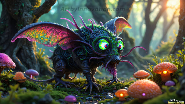 A collection of cute & adorable little-creatures from around the universe. In a photorealistic magical enchanted forest, the surface is covered in vibrant green moss, clusters of bioluminescent mushrooms. With delicate wildflowers blooming in impossible colors — violet, gold, crimson, as adorable little creatures rise from a misty forest floor. A hyper-realistic photo of hybrid creatures, like a adorable baby elephant, no bigger than a human palm. A foxlike creature, with red eyes, fluffy soft fur, and rows of sharp, serrated teeth. A chimera like weird creature, with crazy alien eyes, cyberpunk style. A hyper realistic portrait of a prehensile-tailed opossum, vibrantly colored, illuminated only by moonlight filtering through leaves in the darkness of night.