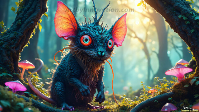 A collection of cute & adorable little-creatures from around the universe. In a photorealistic magical enchanted forest, the surface is covered in vibrant green moss, clusters of bioluminescent mushrooms. With delicate wildflowers blooming in impossible colors — violet, gold, crimson, as adorable little creatures rise from a misty forest floor. A hyper-realistic photo of hybrid creatures, like a adorable baby elephant, no bigger than a human palm. A foxlike creature, with red eyes, fluffy soft fur, and rows of sharp, serrated teeth. A chimera like weird creature, with crazy alien eyes, cyberpunk style. A hyper realistic portrait of a prehensile-tailed opossum, vibrantly colored, illuminated only by moonlight filtering through leaves in the darkness of night.
