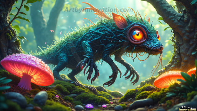 A collection of cute & adorable little-creatures from around the universe. In a photorealistic magical enchanted forest, the surface is covered in vibrant green moss, clusters of bioluminescent mushrooms. With delicate wildflowers blooming in impossible colors — violet, gold, crimson, as adorable little creatures rise from a misty forest floor. A hyper-realistic photo of hybrid creatures, like a adorable baby elephant, no bigger than a human palm. A foxlike creature, with red eyes, fluffy soft fur, and rows of sharp, serrated teeth. A chimera like weird creature, with crazy alien eyes, cyberpunk style. A hyper realistic portrait of a prehensile-tailed opossum, vibrantly colored, illuminated only by moonlight filtering through leaves in the darkness of night.