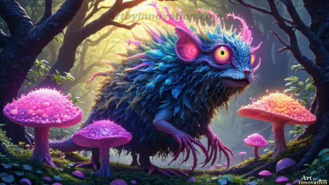 A collection of cute & adorable little-creatures from around the universe. In a photorealistic magical enchanted forest, the surface is covered in vibrant green moss, clusters of bioluminescent mushrooms. With delicate wildflowers blooming in impossible colors — violet, gold, crimson, as adorable little creatures rise from a misty forest floor. A hyper-realistic photo of hybrid creatures, like a adorable baby elephant, no bigger than a human palm. A foxlike creature, with red eyes, fluffy soft fur, and rows of sharp, serrated teeth. A chimera like weird creature, with crazy alien eyes, cyberpunk style. A hyper realistic portrait of a prehensile-tailed opossum, vibrantly colored, illuminated only by moonlight filtering through leaves in the darkness of night.