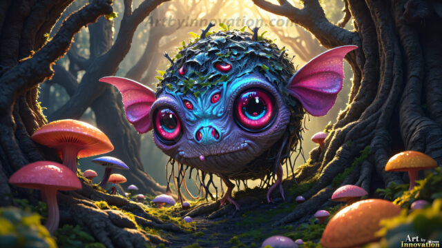 A collection of cute & adorable little-creatures from around the universe. In a photorealistic magical enchanted forest, the surface is covered in vibrant green moss, clusters of bioluminescent mushrooms. With delicate wildflowers blooming in impossible colors — violet, gold, crimson, as adorable little creatures rise from a misty forest floor. A hyper-realistic photo of hybrid creatures, like a adorable baby elephant, no bigger than a human palm. A foxlike creature, with red eyes, fluffy soft fur, and rows of sharp, serrated teeth. A chimera like weird creature, with crazy alien eyes, cyberpunk style. A hyper realistic portrait of a prehensile-tailed opossum, vibrantly colored, illuminated only by moonlight filtering through leaves in the darkness of night.