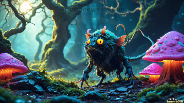 A collection of cute & adorable little-creatures from around the universe. In a photorealistic magical enchanted forest, the surface is covered in vibrant green moss, clusters of bioluminescent mushrooms. With delicate wildflowers blooming in impossible colors — violet, gold, crimson, as adorable little creatures rise from a misty forest floor. A hyper-realistic photo of hybrid creatures, like a adorable baby elephant, no bigger than a human palm. A foxlike creature, with red eyes, fluffy soft fur, and rows of sharp, serrated teeth. A chimera like weird creature, with crazy alien eyes, cyberpunk style. A hyper realistic portrait of a prehensile-tailed opossum, vibrantly colored, illuminated only by moonlight filtering through leaves in the darkness of night.