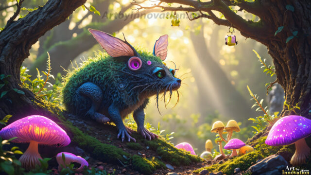 A collection of cute & adorable little-creatures from around the universe. In a photorealistic magical enchanted forest, the surface is covered in vibrant green moss, clusters of bioluminescent mushrooms. With delicate wildflowers blooming in impossible colors — violet, gold, crimson, as adorable little creatures rise from a misty forest floor. A hyper-realistic photo of hybrid creatures, like a adorable baby elephant, no bigger than a human palm. A foxlike creature, with red eyes, fluffy soft fur, and rows of sharp, serrated teeth. A chimera like weird creature, with crazy alien eyes, cyberpunk style. A hyper realistic portrait of a prehensile-tailed opossum, vibrantly colored, illuminated only by moonlight filtering through leaves in the darkness of night.