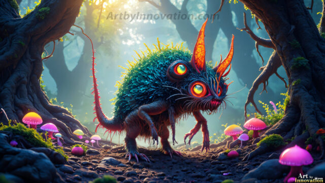 A collection of cute & adorable little-creatures from around the universe. In a photorealistic magical enchanted forest, the surface is covered in vibrant green moss, clusters of bioluminescent mushrooms. With delicate wildflowers blooming in impossible colors — violet, gold, crimson, as adorable little creatures rise from a misty forest floor. A hyper-realistic photo of hybrid creatures, like a adorable baby elephant, no bigger than a human palm. A foxlike creature, with red eyes, fluffy soft fur, and rows of sharp, serrated teeth. A chimera like weird creature, with crazy alien eyes, cyberpunk style. A hyper realistic portrait of a prehensile-tailed opossum, vibrantly colored, illuminated only by moonlight filtering through leaves in the darkness of night.