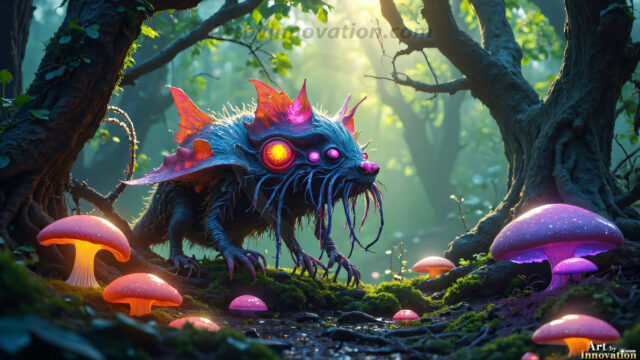 A collection of cute & adorable little-creatures from around the universe. In a photorealistic magical enchanted forest, the surface is covered in vibrant green moss, clusters of bioluminescent mushrooms. With delicate wildflowers blooming in impossible colors — violet, gold, crimson, as adorable little creatures rise from a misty forest floor. A hyper-realistic photo of hybrid creatures, like a adorable baby elephant, no bigger than a human palm. A foxlike creature, with red eyes, fluffy soft fur, and rows of sharp, serrated teeth. A chimera like weird creature, with crazy alien eyes, cyberpunk style. A hyper realistic portrait of a prehensile-tailed opossum, vibrantly colored, illuminated only by moonlight filtering through leaves in the darkness of night.