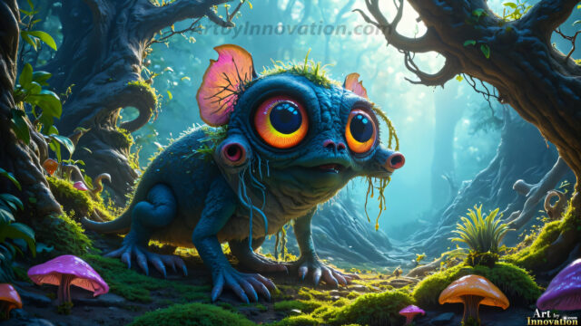 A collection of cute & adorable little-creatures from around the universe. In a photorealistic magical enchanted forest, the surface is covered in vibrant green moss, clusters of bioluminescent mushrooms. With delicate wildflowers blooming in impossible colors — violet, gold, crimson, as adorable little creatures rise from a misty forest floor. A hyper-realistic photo of hybrid creatures, like a adorable baby elephant, no bigger than a human palm. A foxlike creature, with red eyes, fluffy soft fur, and rows of sharp, serrated teeth. A chimera like weird creature, with crazy alien eyes, cyberpunk style. A hyper realistic portrait of a prehensile-tailed opossum, vibrantly colored, illuminated only by moonlight filtering through leaves in the darkness of night.