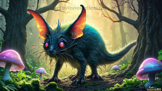A collection of cute & adorable little-creatures from around the universe. In a photorealistic magical enchanted forest, the surface is covered in vibrant green moss, clusters of bioluminescent mushrooms. With delicate wildflowers blooming in impossible colors — violet, gold, crimson, as adorable little creatures rise from a misty forest floor. A hyper-realistic photo of hybrid creatures, like a adorable baby elephant, no bigger than a human palm. A foxlike creature, with red eyes, fluffy soft fur, and rows of sharp, serrated teeth. A chimera like weird creature, with crazy alien eyes, cyberpunk style. A hyper realistic portrait of a prehensile-tailed opossum, vibrantly colored, illuminated only by moonlight filtering through leaves in the darkness of night.